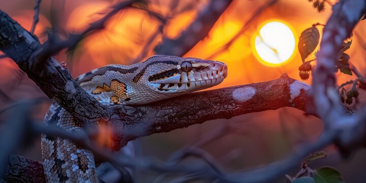 A majestic python rests on a tree branch with a vibrant sunset in the background, creating a serene and captivating scene in nature.