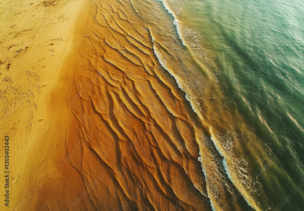 Poster aerial view of wavy ocean shoreline with textured sand patterns and gentle waves under sunlight at c