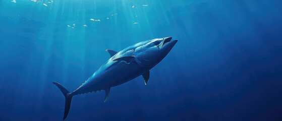 Fototapeta premium A majestic tuna swims gracefully through the deep blue ocean, illuminated by sunlight filtering through the water's surface.