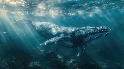 Fototapeta premium A majestic whale gracefully swims underwater, illuminated by sunlight streaming through the ocean, showcasing nature's beauty and tranquility.