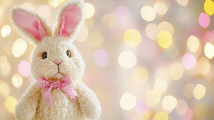 Charming Easter Bunny With Pink Bow Tie Against Bokeh Lights Background