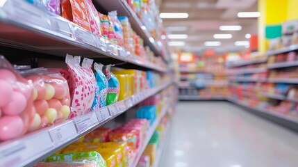 Colorful candy aisle in a supermarket with shelves stocked with sweet treats in vibrant packaging, consumerism and retail concept