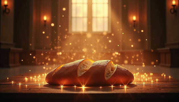 Artistic loaf of bread with sparkling light on wooden table in illuminated interior