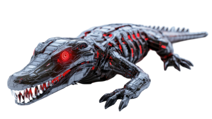 Cybernetic Alligator: A menacing robotic alligator with glowing red eyes, sharp teeth and metallic skeleton, the image is a captivating fusion of nature and technology.