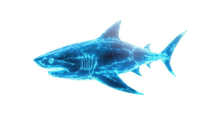 Digital Shark: A futuristic digital illustration of a shark rendered in cool blue tones, creating a high-tech and somewhat surreal oceanic scene.
