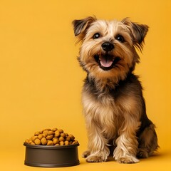 Happy Dog Sits Beside Plain Dog Food Bowl on Single Color Background with Copy Space