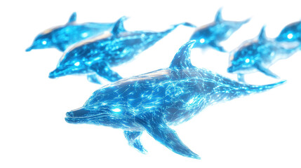 Obraz premium Marine Symphony: A stylized and radiant display of dolphins swimming in a light-filled setting