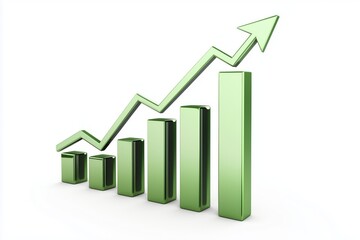 Green upward arrow with financial bar graph representing business growth, success, and positive trend isolated on white background