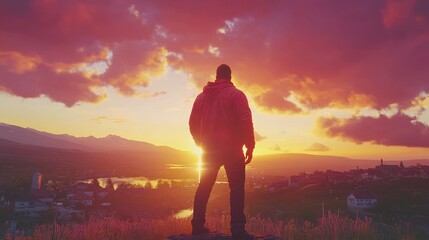 Majestic Sunset: A Man's Silhouette Against a Vibrant Sky