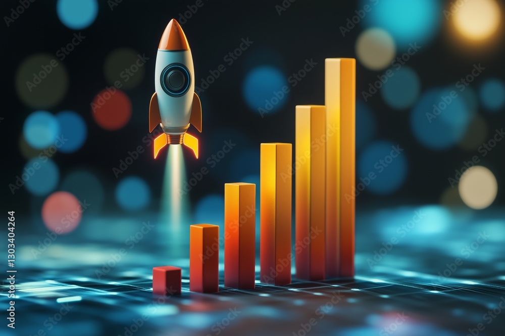 Poster growthing graph bar with rocket rising moving up. start up business development to success and growi