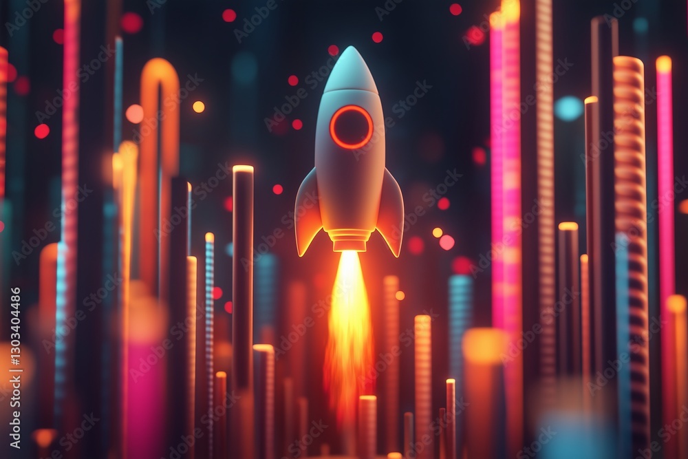 Poster growthing graph bar with rocket rising moving up. start up business development to success and growi