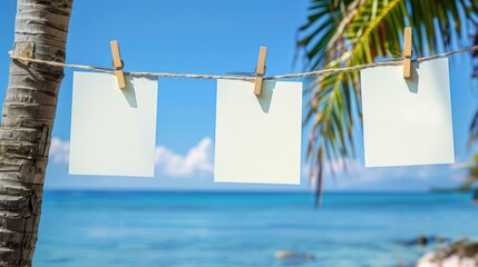 Tropical Beach Vacation: Blank Photo Cards Hanging on a Palm Tree
