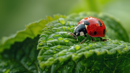 Obraz premium A Ladybug on a Dew-Kissed Leaf