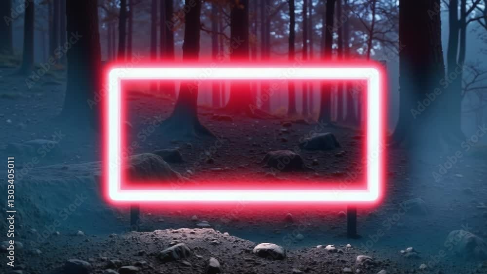 Poster Rectangular neon shimmering luminous form on the background of a dirt forest surface, rectangular neon for product display presentation