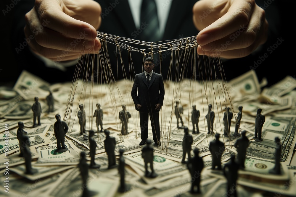 Poster manipulated power: a businessman is controlled by unseen forces, symbolized by strings held by hands