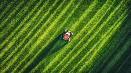 Aerial View of a Lawn Mower Creating Striped Patterns on a Lush Green Lawn
