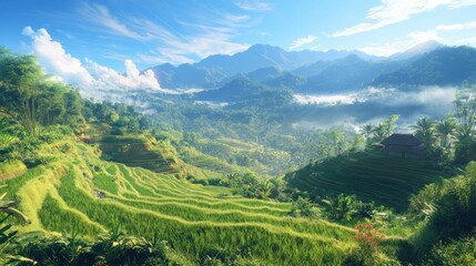 Naklejka premium Lush terraced rice paddies in misty mountains