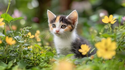 Obraz premium cute young kitten sitting in a lush green garden surrounded by nature with soft fur and whiskers enjoying a relaxing and cozy outdoor experience