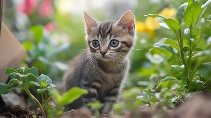 cute young kitten sitting in a lush green garden surrounded by nature with soft fur and whiskers enjoying a relaxing and cozy outdoor experience