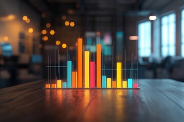 Photorealistic 3D bar chart showing business performance metrics in a modern office setting, business data visualization, statistical analysis illustration