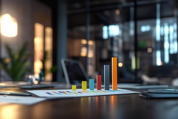 Photorealistic 3D bar chart showing business performance metrics in a modern office setting, business data visualization, statistical analysis illustration