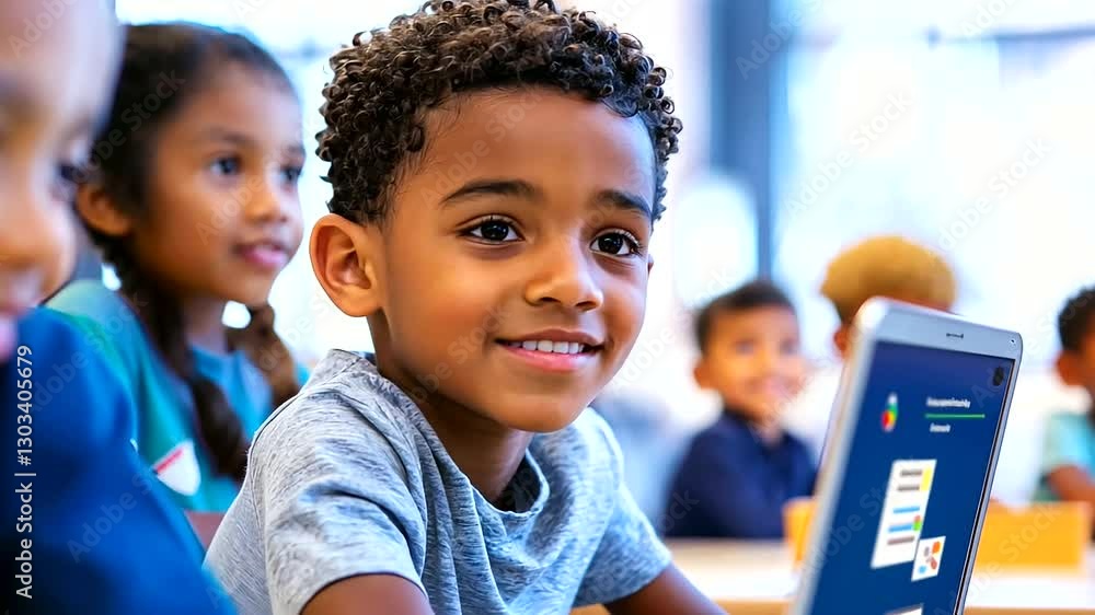 Poster enthusiastic students engage in coding lessons in a contemporary classroom setting.