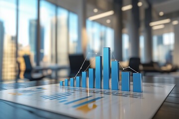 Photorealistic 3D bar chart showing business performance metrics in a modern office setting, business data visualization, statistical analysis illustration
