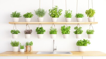 A bright, white kitchen with wooden pots of herbs mounted on the wall above the sink