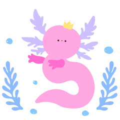 axolotl swimming with bubbles and wearing a crown, adorable aquatic creature flat vector illustration