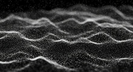 Abstract particle waves, grayscale, microscopic view, dynamic motion, fluid dynamics, scientific visualization, high contrast, intricate details, organic patterns, swirling textures, granular structur