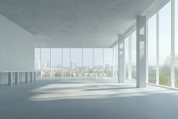 Fototapeta premium A white, modern office interior with panoramic windows and a concrete floor, an empty wall for text or graphics