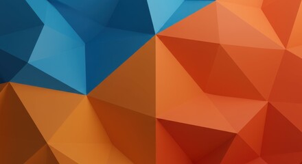 geometric abstract, triangular shapes, blue and orange color scheme, sharp angles, paper-like texture, low poly art style, modern design, contrasting colors, faceted surface, minimalist composition, c