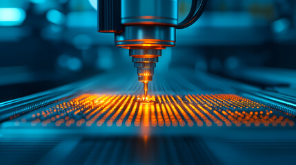 A close-up of a precision laser machine working on a circuit board, emitting bright orange light, showcasing advanced technology in manufacturing.