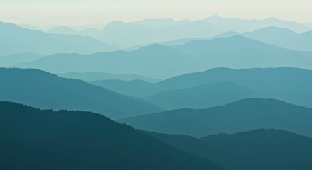 Fototapeta premium Misty mountain ranges, layered blue-green hills, atmospheric perspective, hazy horizon, rolling landscape, tranquil nature scene, soft gradient colors, distant peaks, ethereal morning light, minimalis