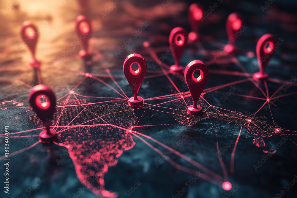 Poster world map with red location pins connected by lines, representing global connections.
