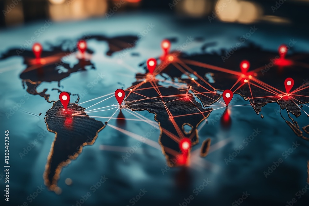 Poster world map with red location pins connected by lines, representing global connections.