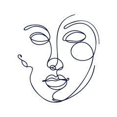 Minimalistic silhouette of woman face. Continuous one line drawing, White background. Vector.