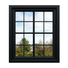 A black window frame showcasing a serene outdoor view with greenery and clouds. transparent background