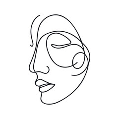 Minimalistic silhouette of woman face. Continuous one line drawing, White background. Vector.