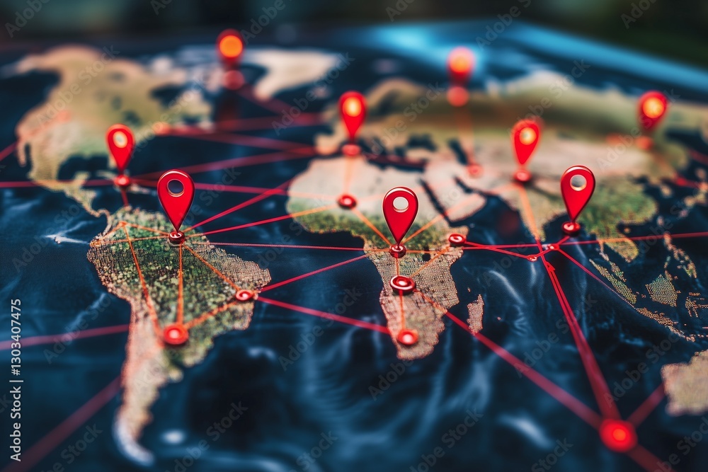 Poster world map with red location pins connected by lines, representing global connections.