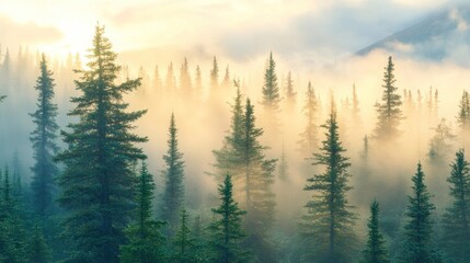 Misty Sunrise in a Coniferous Forest: Golden Hour Magic