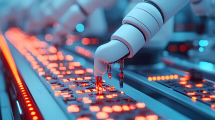 A robotic arm interacts with a series of illuminated buttons on an assembly line, showcasing advanced automation in a modern technological setting.