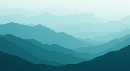 Fototapeta premium Minimalist mountain landscape, layered silhouettes, teal and turquoise gradient, misty peaks, tranquil atmosphere, geometric shapes, abstract nature scene, monochromatic color scheme, serene wildernes