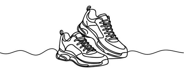 Sneakers sports shoes in a continuous one line drawing. Vector illustration isolated.