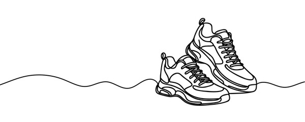 Sneakers sports shoes in a continuous one line drawing. Vector illustration isolated.