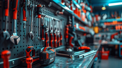 Fototapeta premium A modern assembly line workstation with a sleek metal table holding new tools like a shiny screwdriver and a digital torque wrench.