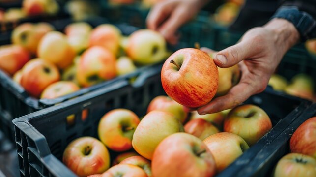Workers methodically sorting ripe apples in a bustling packing facility during harvest season