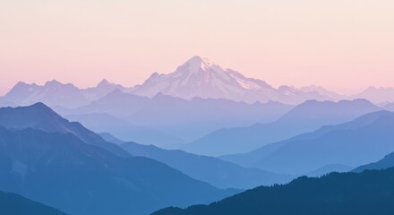 Majestic snow-capped mountain peak, layered blue mountain silhouettes, soft pink sky, misty atmosphere, tranquil landscape, pastel colors, sunset glow, serene vista, distant horizon, nature photograph