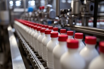 Obraz premium Bottles of Dairy Products on Production Line in Factory Setting with Red Caps Under Bright Lights, Symbolizing Quality and Freshness in Food Industry