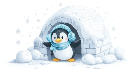 Cute penguin in snow igloo